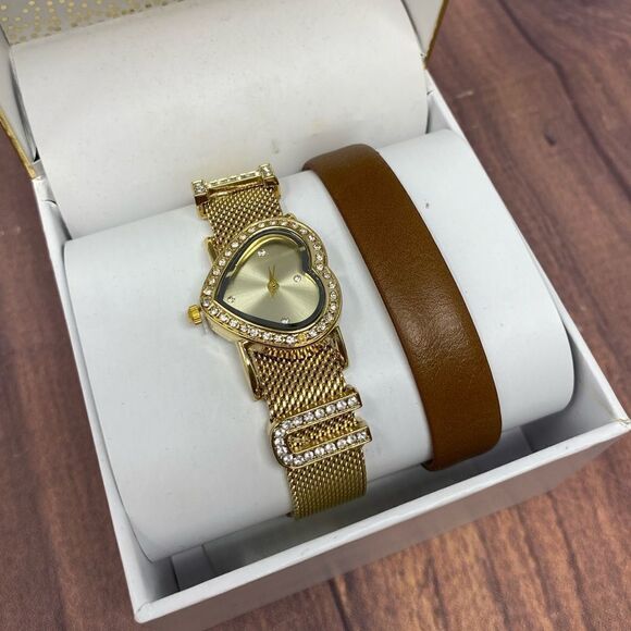 MACY’S CUBIC ZIRCONIA GOLD “I ❤️ U” WATCH AND BROWN BRACELET SET PL09 - Picture 1 of 4